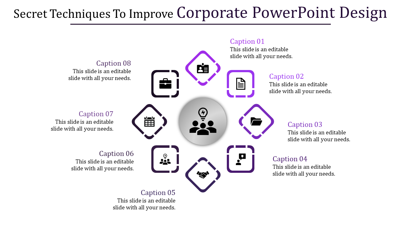 Corporate design template featuring a central collaboration icon with eight surrounding icons representing tasks.