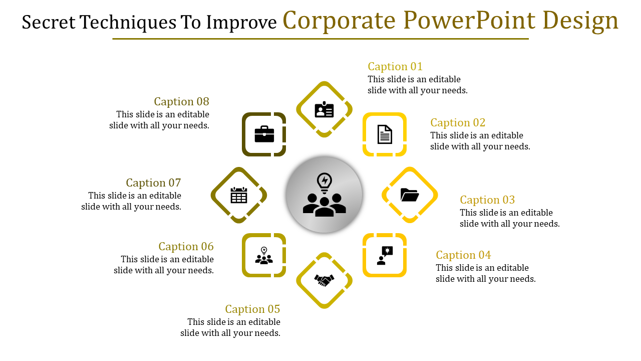 Eight section template for corporate PowerPoint design with captions and icons.