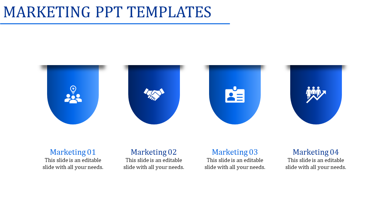 Marketing PowerPoint slide with four blue icons, each representing different aspects of marketing with placeholder text.