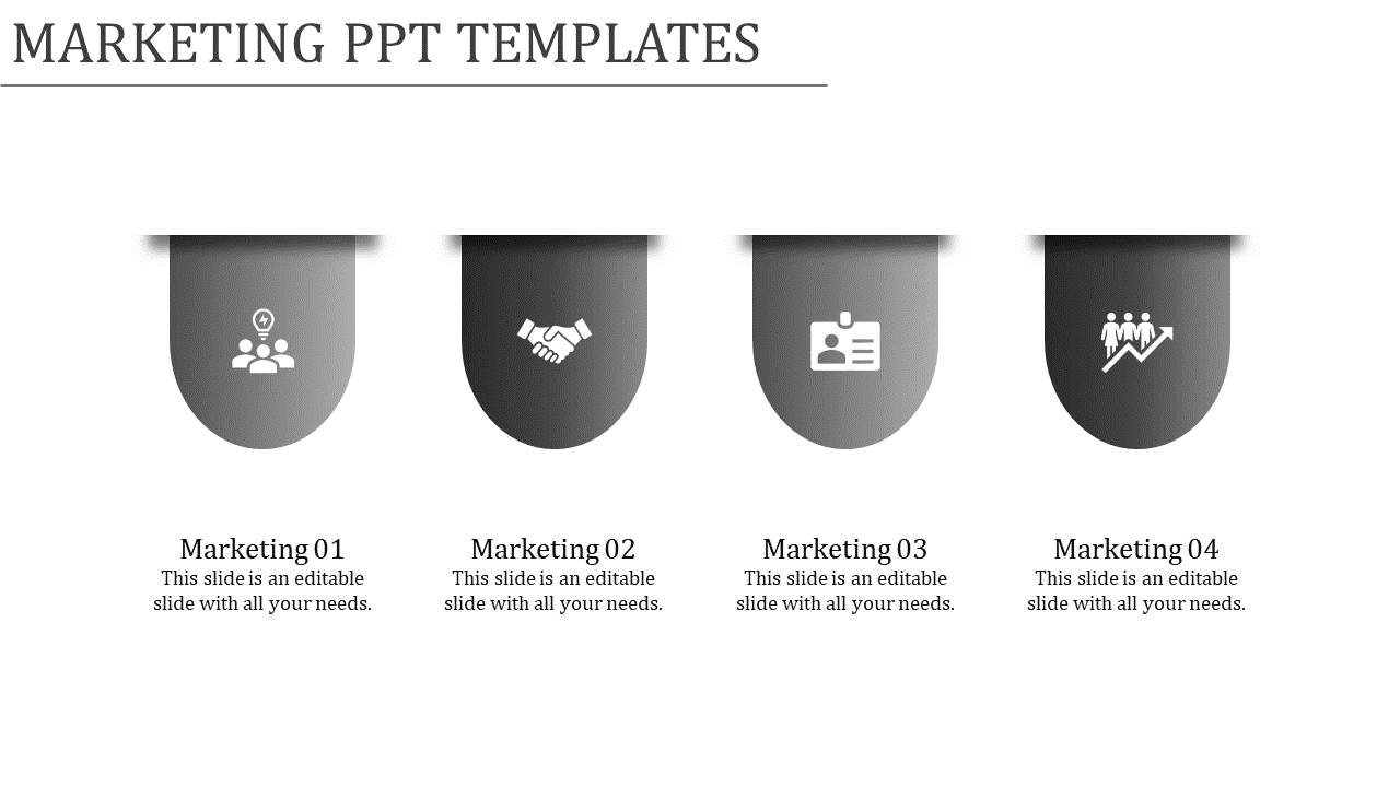 Four gray droplet shaped icons with white symbols, each labeled below with marketing captions on a white background.