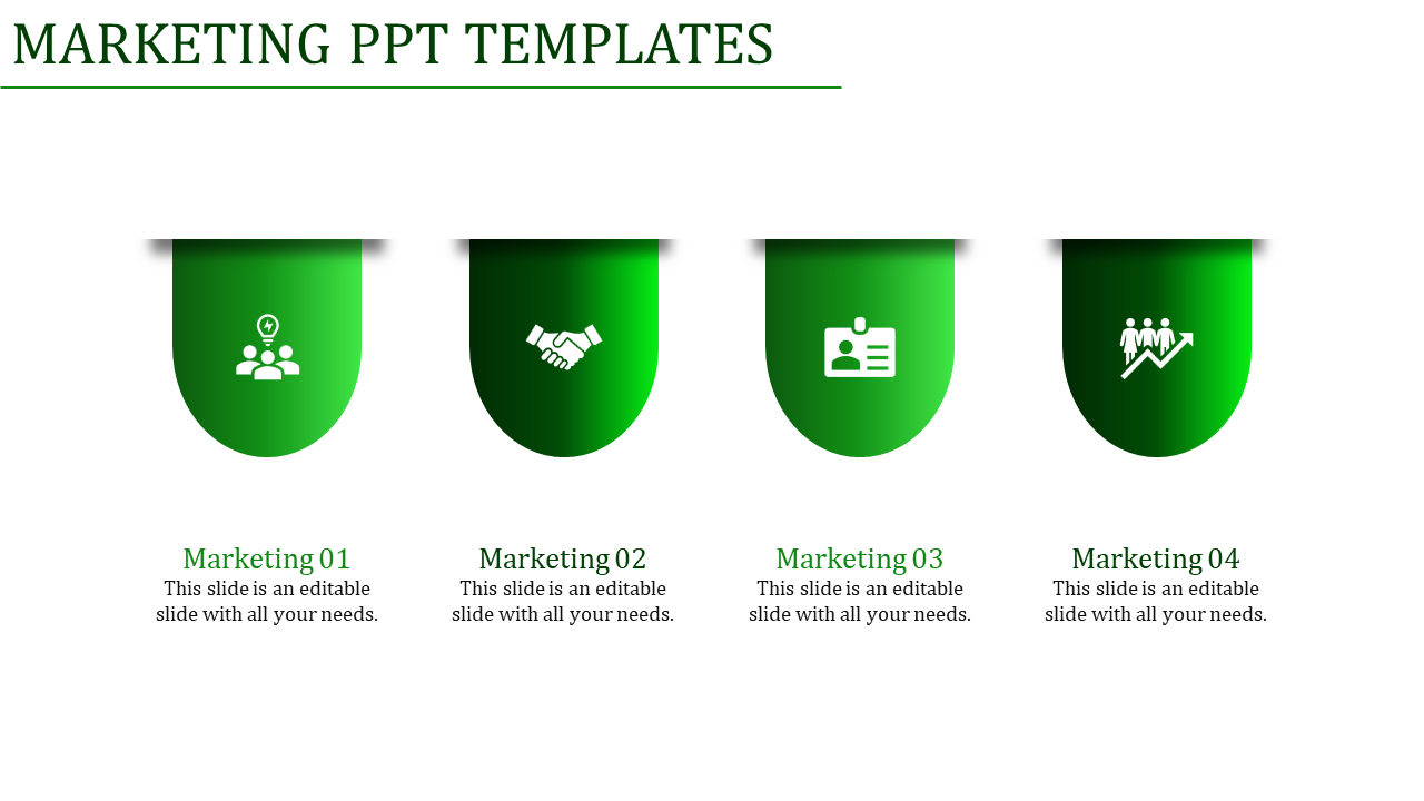 Green themed marketing slide with four icons representing teamwork, partnerships, personal identity, and growth.