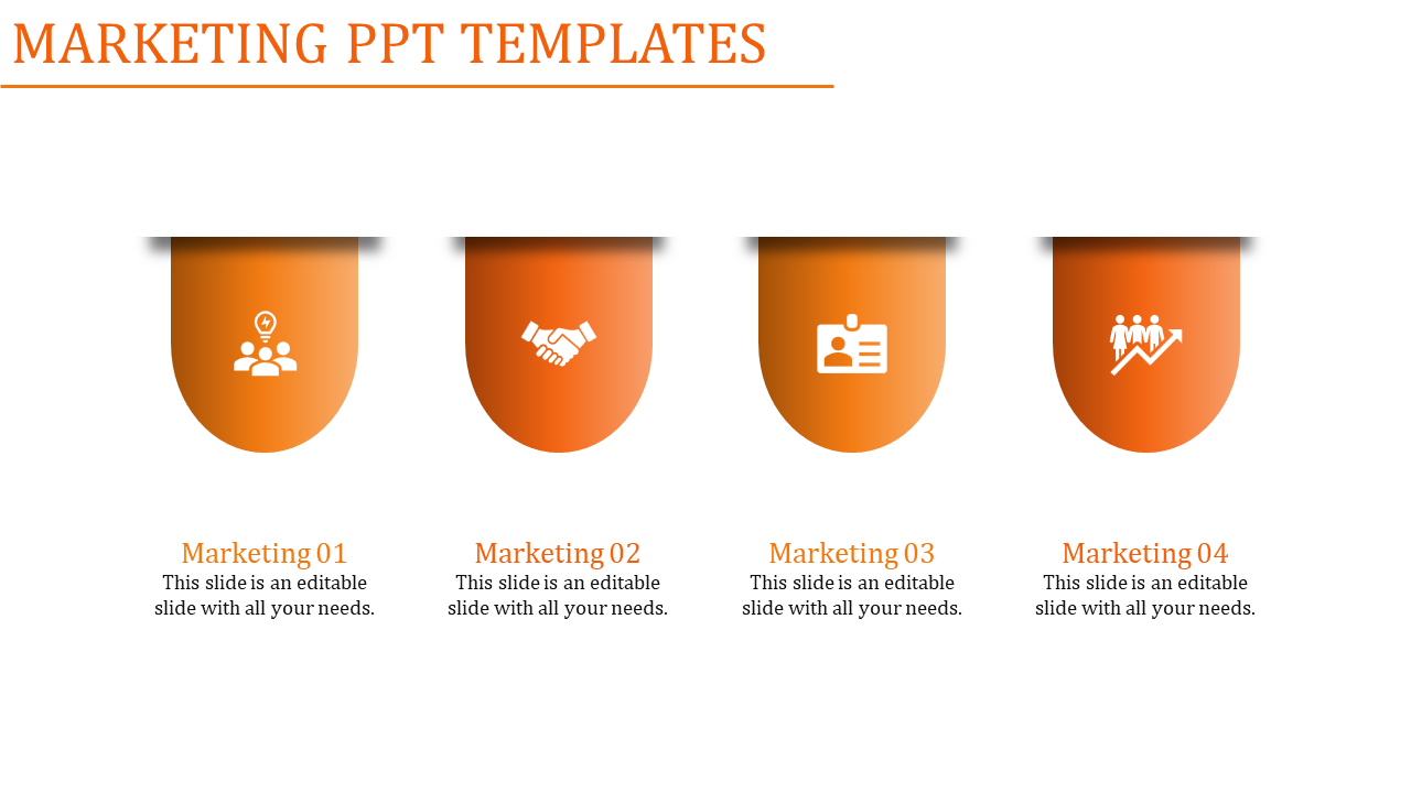 Marketing slide featuring four drop-shaped orange icons representing ideas, handshake, badge, and growth, each labeled.