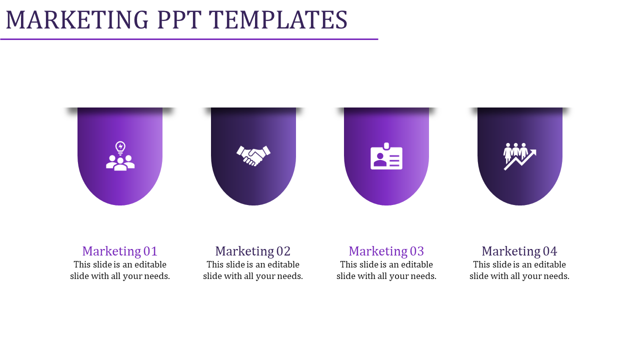 Four purple droplet shaped icons with white symbols, each labeled below with marketing captions on a white background.