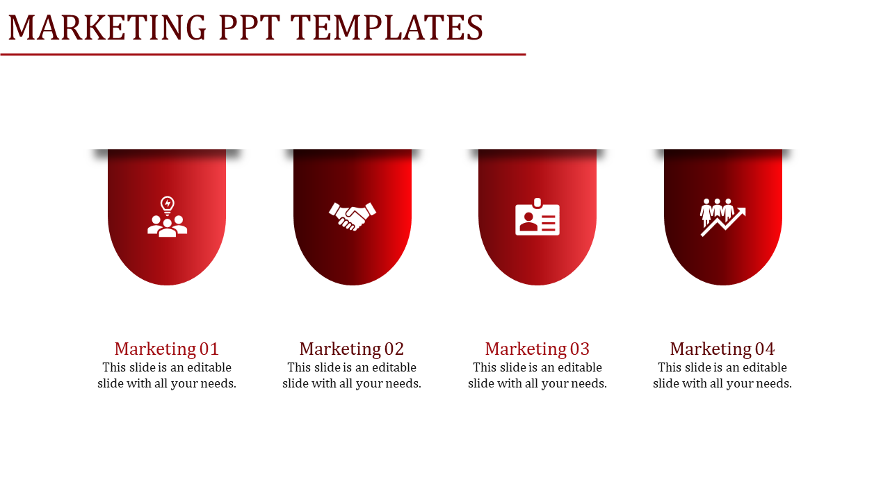 Marketing PowerPoint slide with four red icons representing teamwork, partnerships, personal identity, and growth with text.