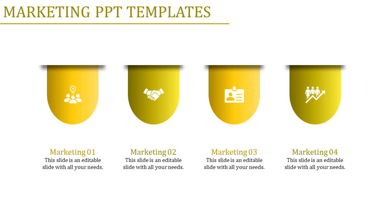 Four yellow droplet shaped icons with white symbols, each labeled below with marketing captions on a white background.
