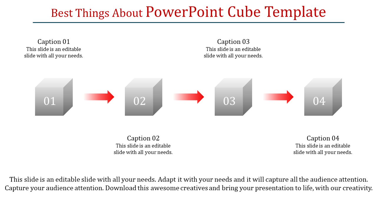 Step-by-step sequence of cubes linked by red gradient arrows on a white background with a caption areas.