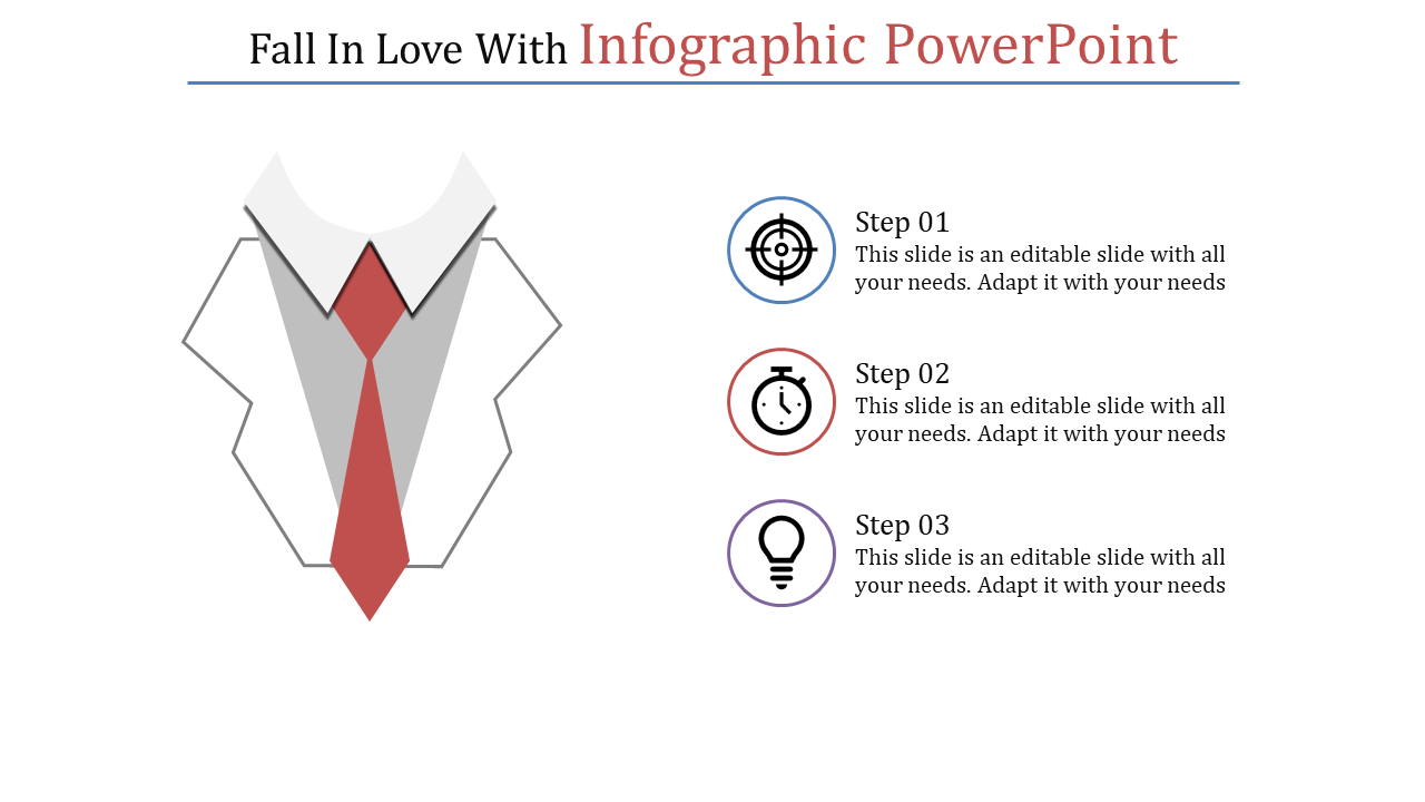 Infographic layout with a shirt and red tie illustration on the left and three circular icons with steps on the right.