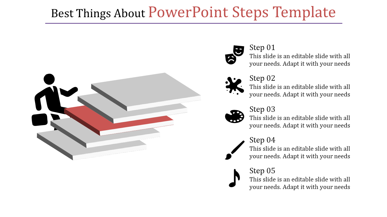 Illustration of a figure climbing a staircase with red highlighted step and icons for five steps on the right.