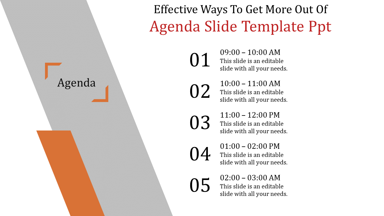 Agenda PPT slide with time based sections from morning to evening with placeholder text.