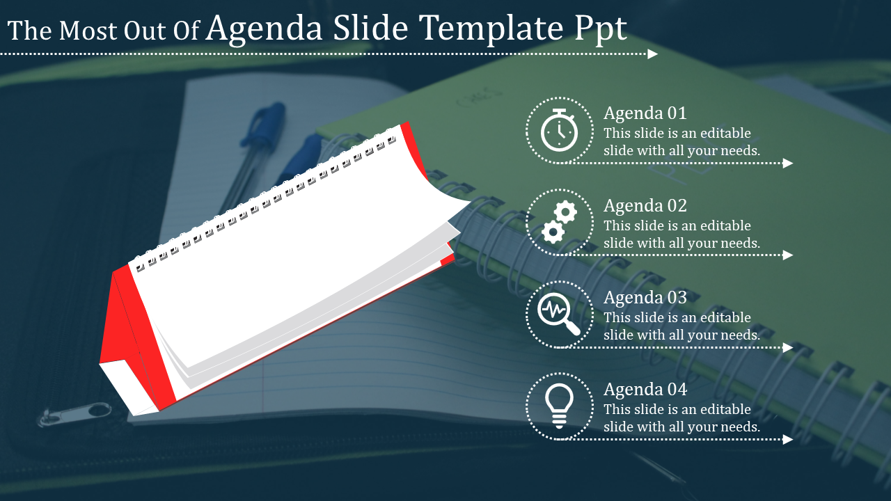 Agenda PPT slide with a notepad background, showing four agenda points with icons.
