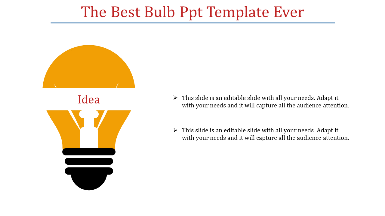 Illustration of a light bulb symbolizing idea, paired with two editable captions aligned on the right side.