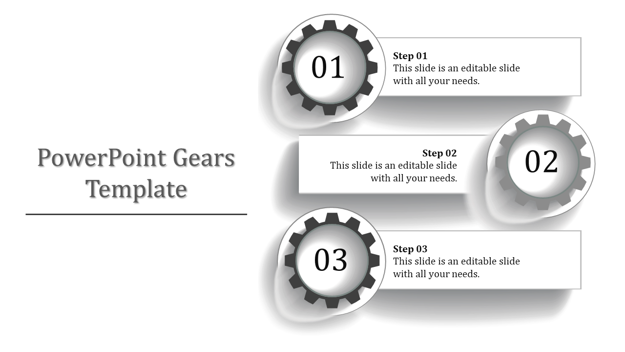 Template with three gray gears numbered 01 to 03, each paired with step descriptions on a white background.