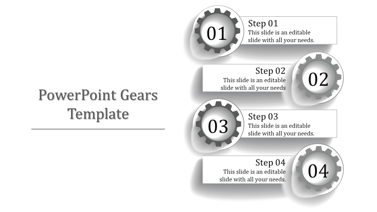 Slide featuring four gray gears numbered 01 to 04, each paired with a description box on a white background.