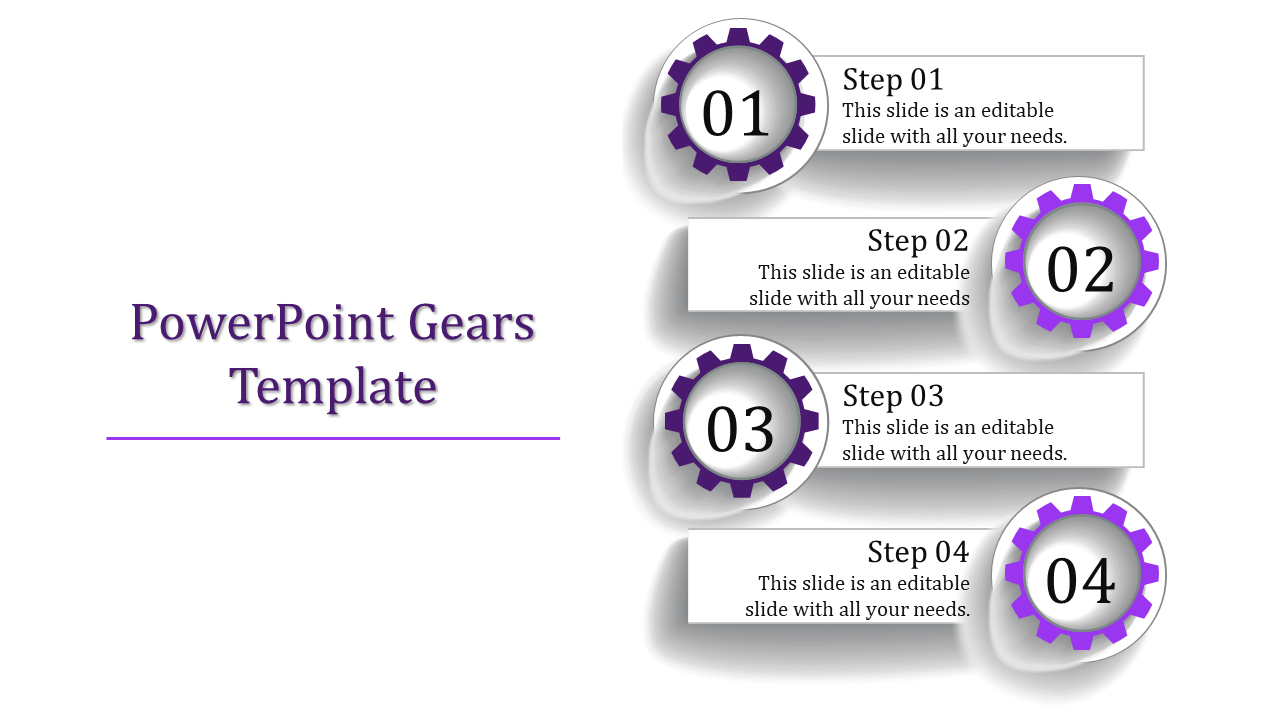 Slide featuring four purple gears numbered 01 to 04, each paired with a description box on a white background.