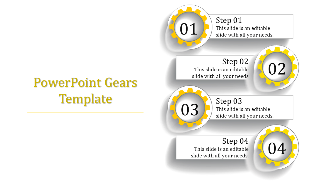 PowerPoint template featuring four steps with yellow gear icons and sections for each step.