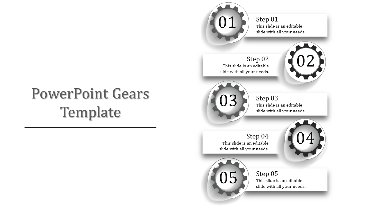 Gears PPT template featuring five steps with numbered gears in black and white with placeholder text.