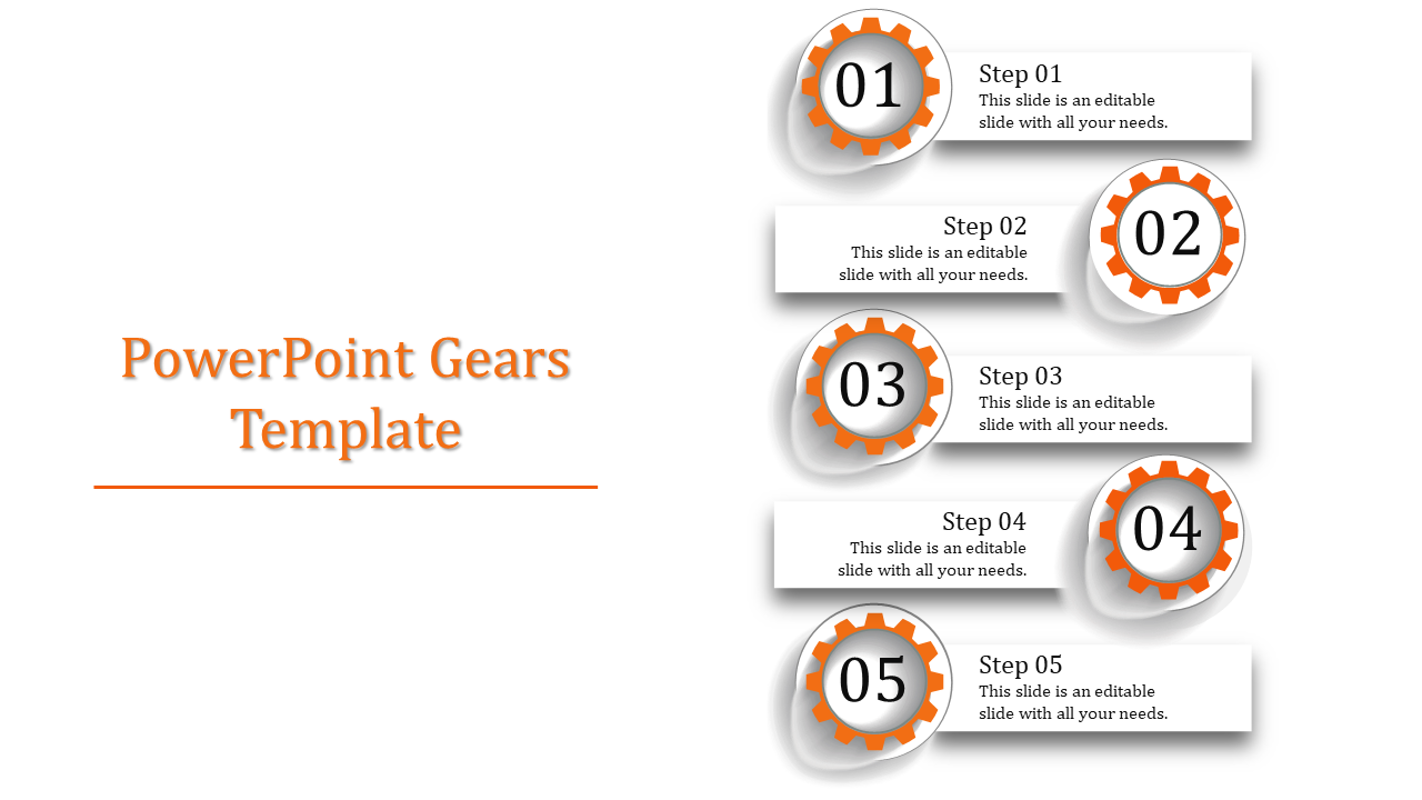 Template with five orange gears numbered 01 to 05, each paired with a gray text box on a white background.
