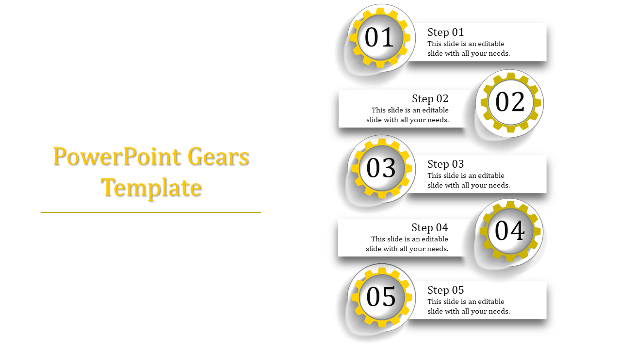 Yellow gear-themed vertical template showcasing five steps, each represented by a gear and descriptive placeholder.
