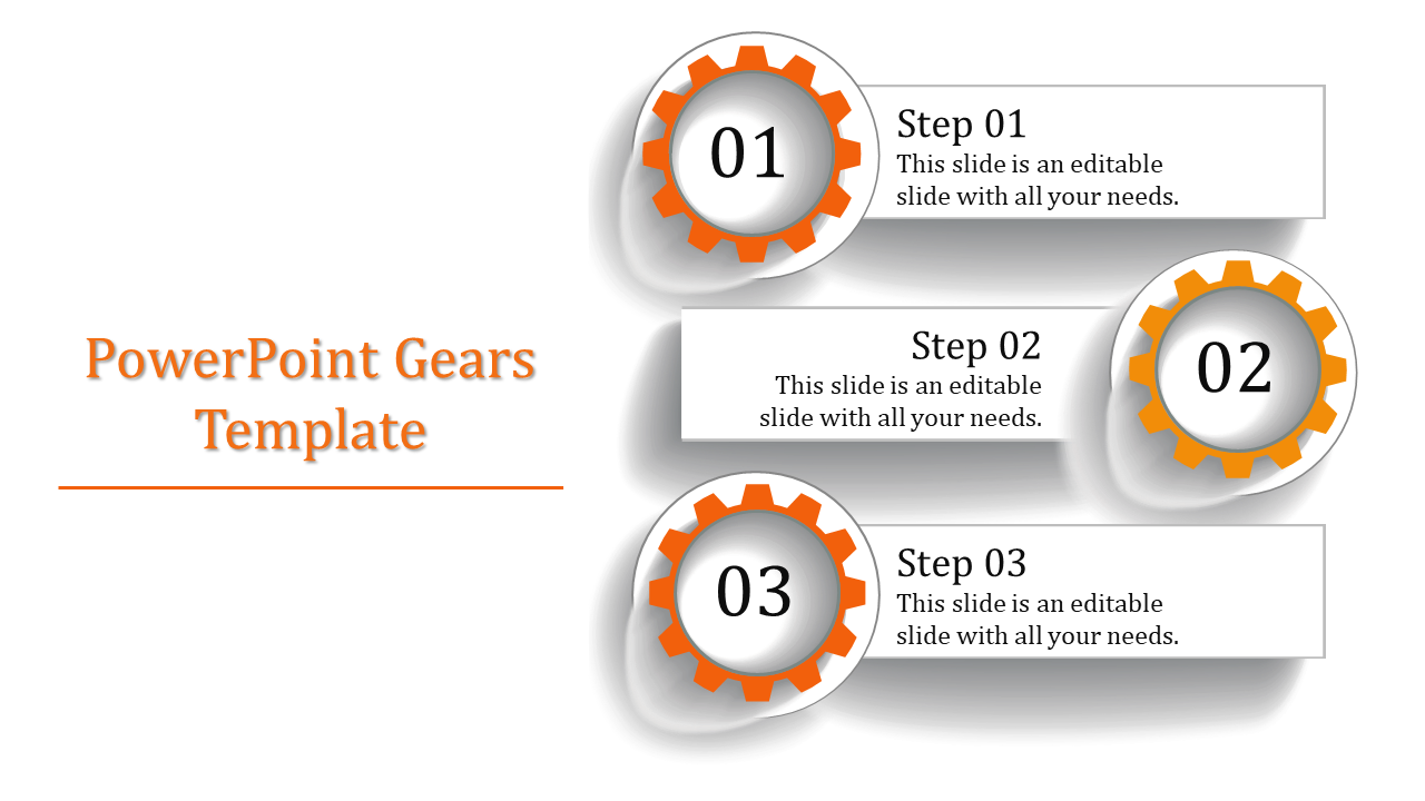 Orange-themed three-step gear design featuring numbered gears and editable captions for steps 1, 2, and 3.