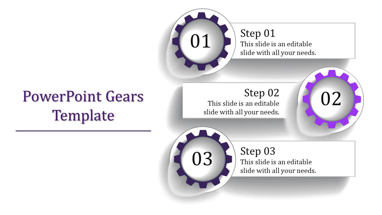 Template with three purple gears numbered 01 to 03, each paired with step descriptions on a white background.