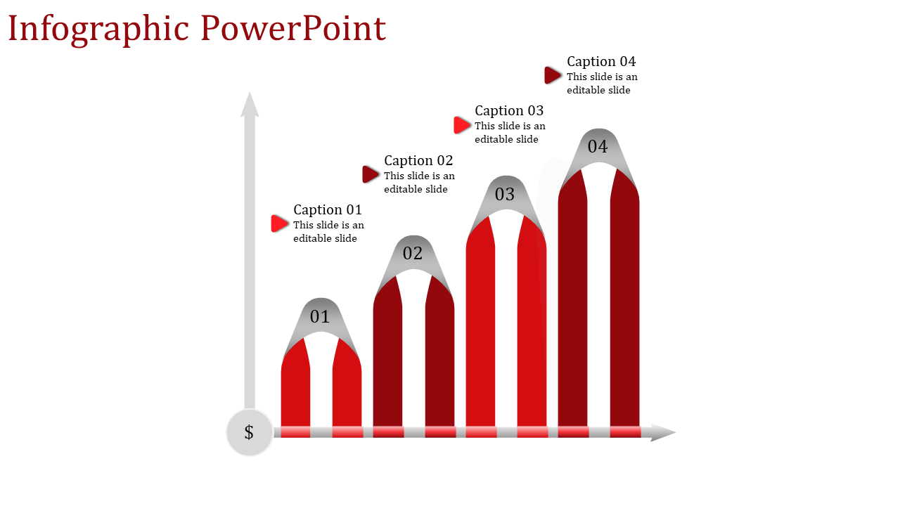 Four red upward bars with gray tops, labeled 01 to 04, on a graph with captions and axes, symbolizing growth.
