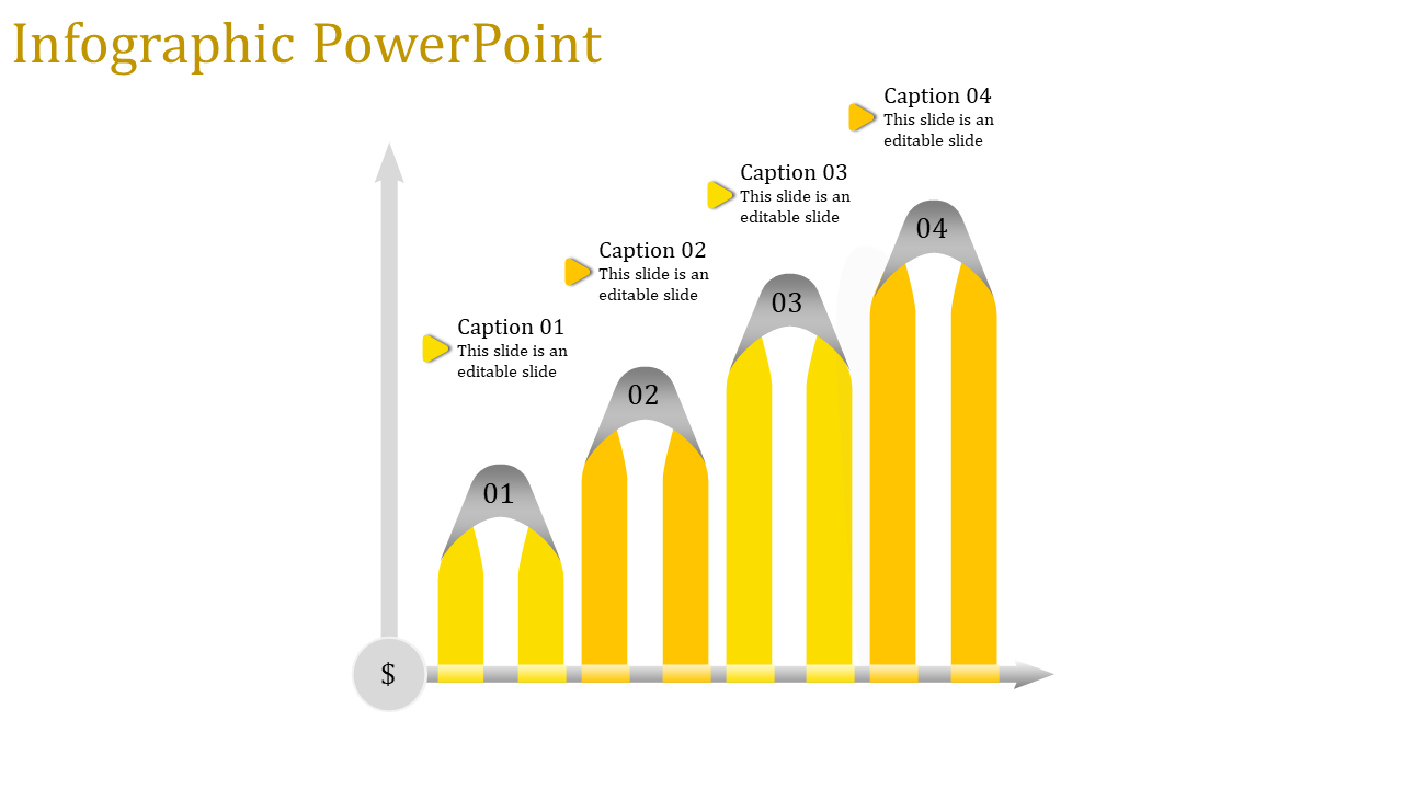 Infographic PPT slide with four yellow bars, each representing a step with captions and increasing height.
