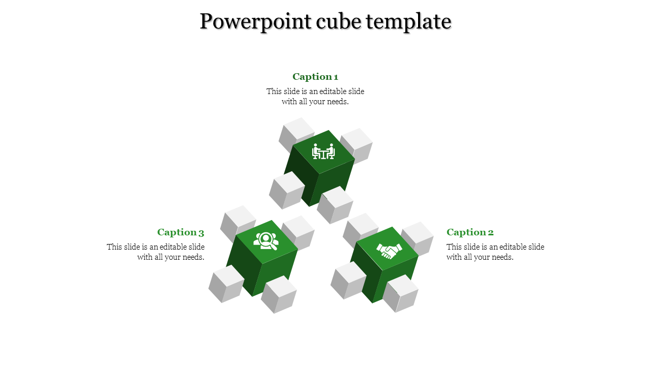 A PPT template with green colored cubes and sections, featuring icons for teamwork, collaboration, and partnerships.