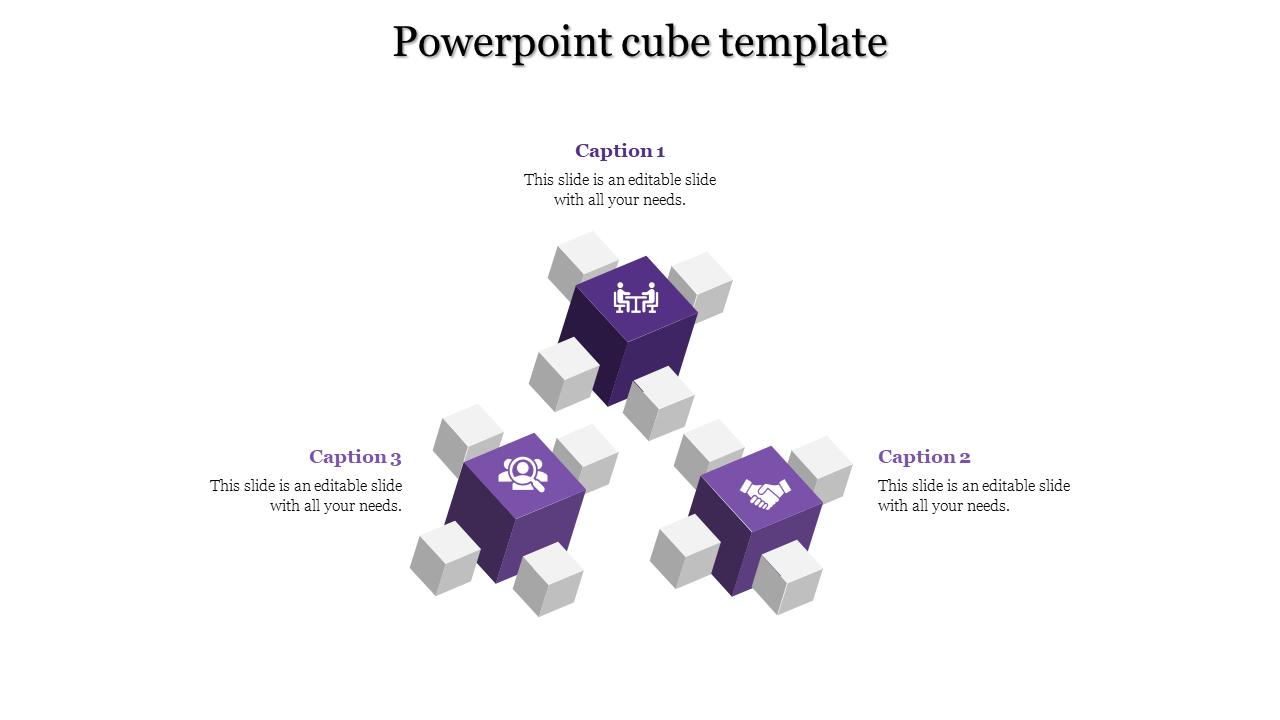 Three purple cubes with white connectors forming a triangular shape, highlighted by simple icons on a white background.