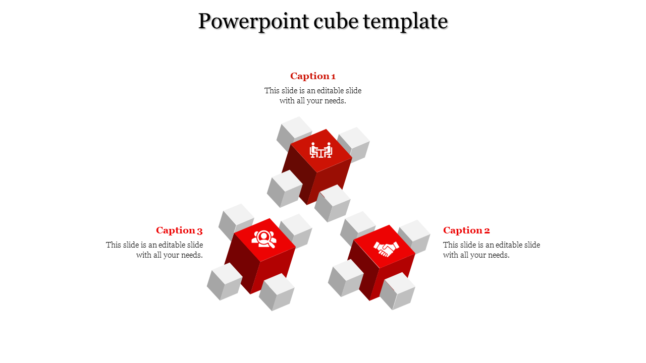 A PowerPoint slide featuring a red and white cube with icons for teamwork, collaboration, and business partnerships.