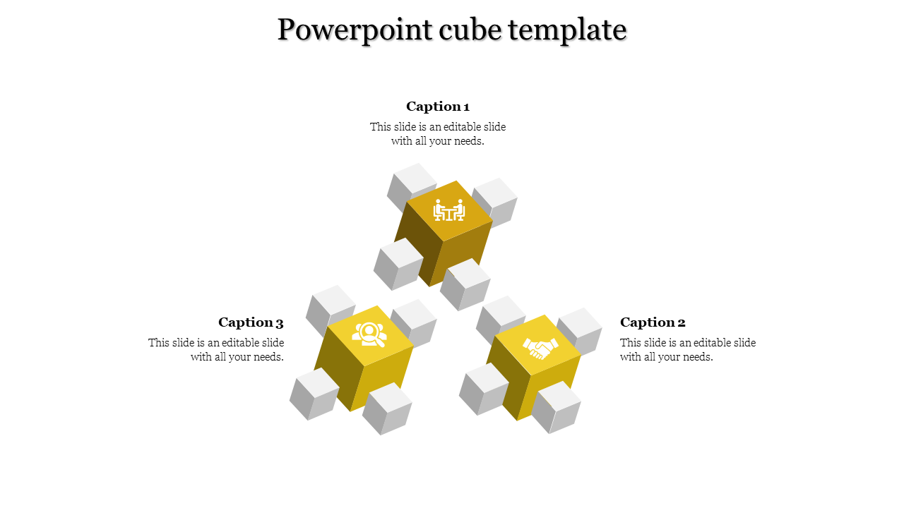 Yellow 3D infographic with three labeled cubes, each adorned with relevant icons, and smaller white cubes.