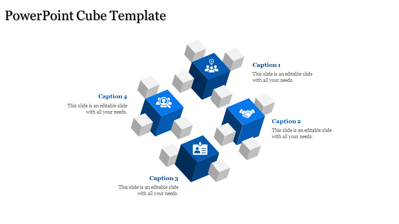 3D cube infographic featuring four blue cubes with business icons like handshake and people, surrounded by white cubes.