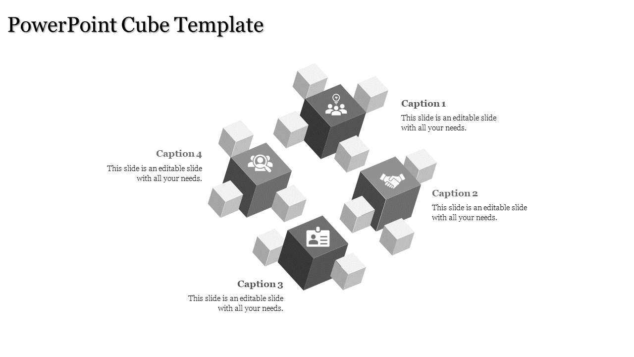 Four gray cubes with white connectors forming a triangular shape, highlighted by simple icons on a white background.
