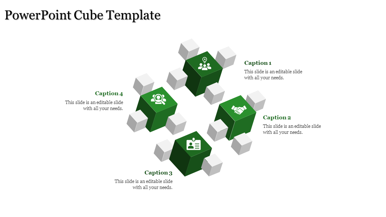 A PowerPoint template with four colorful cubes representing key business areas, each with captions.