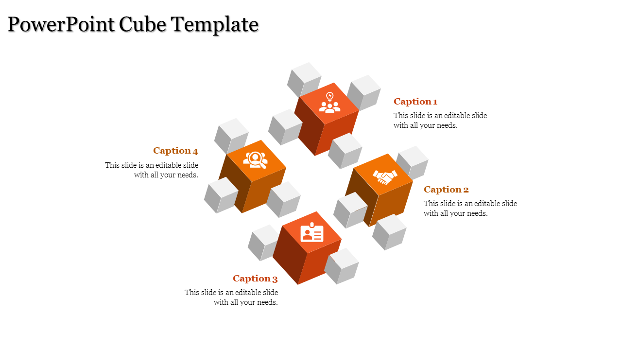 3D cube infographic featuring four orange cubes with business related icons like handshake and team, surrounded by cubes.