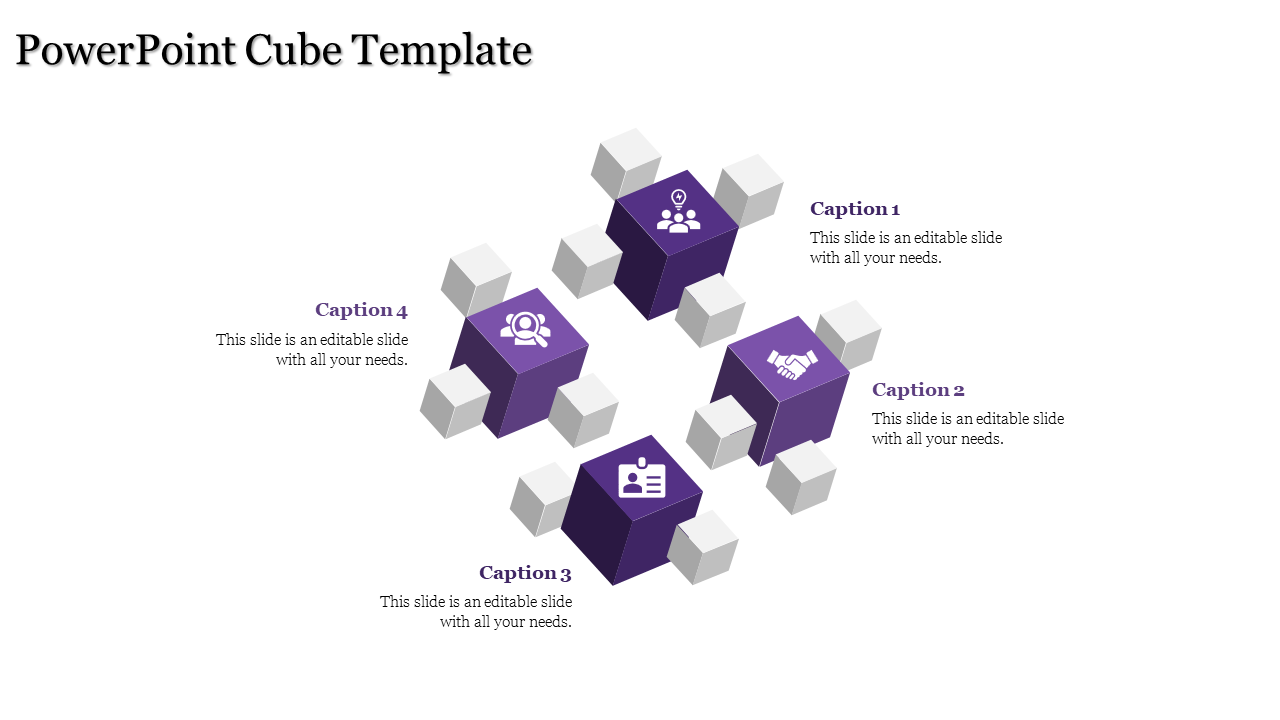 Four purple cubes with white connectors forming a triangular shape, highlighted by simple icons on a white background.