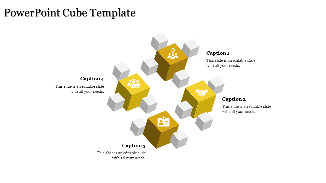 Four central yellow cubes showcasing icons for strategy, teamwork, and analysis, connected to neutral white cubes.