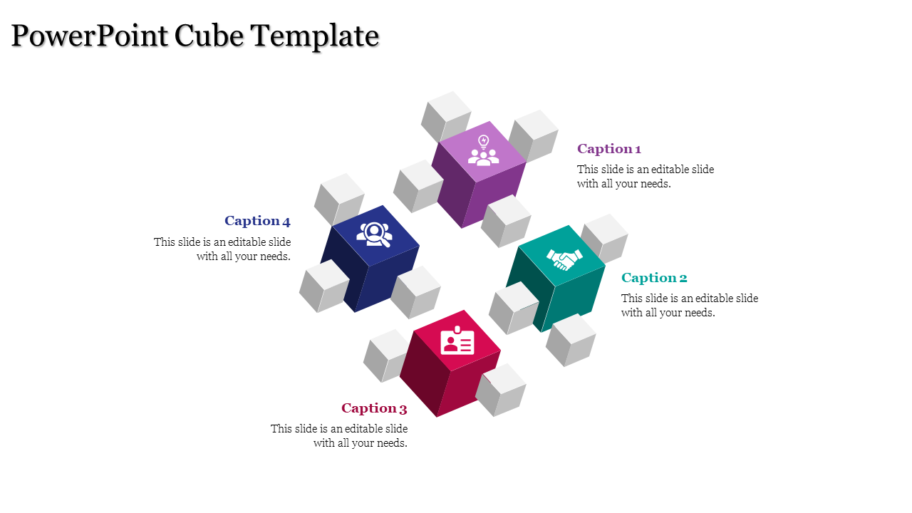 A vibrant cube PPT template featuring four colorful sections, each representing different business aspects with captions.