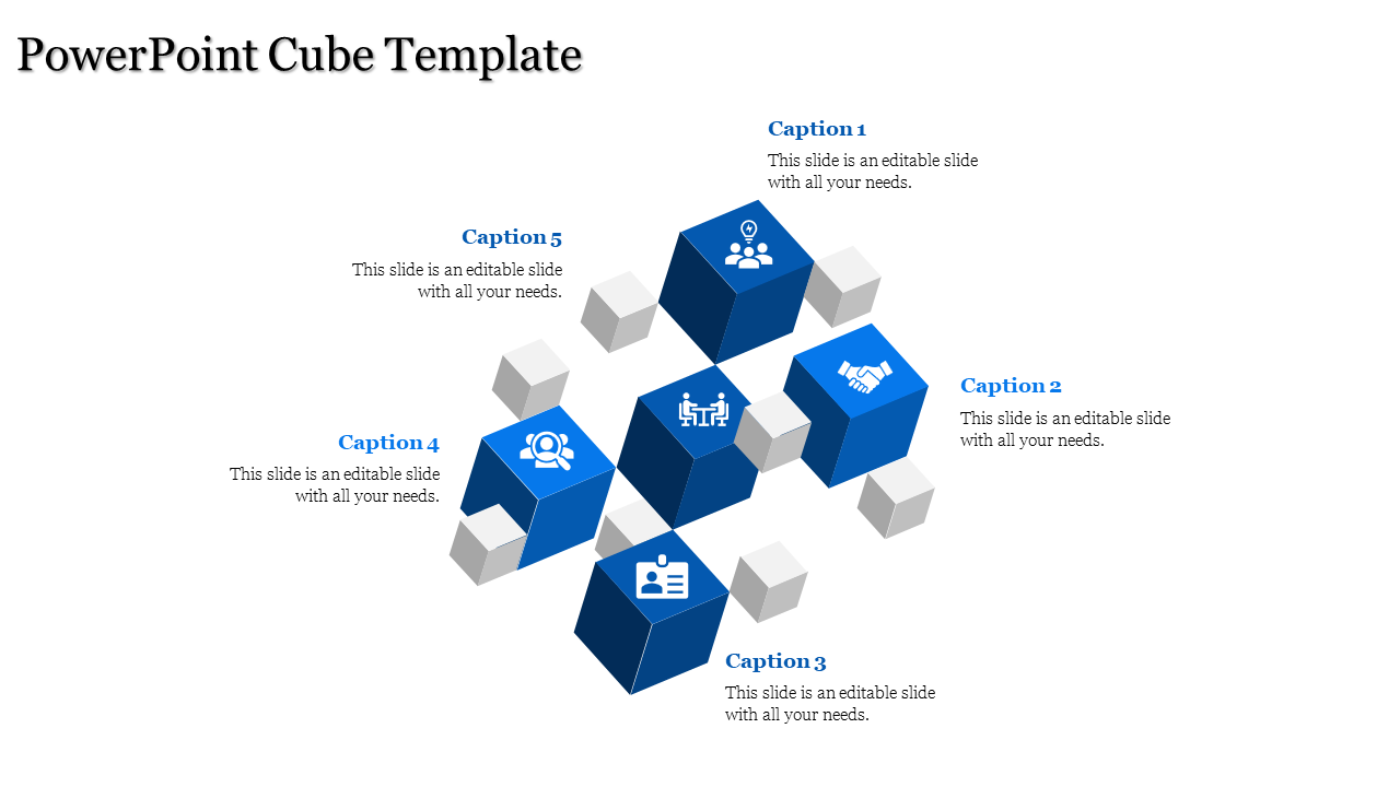 A PowerPoint slide with five cubes, each containing icons representing key business concepts, with captions.