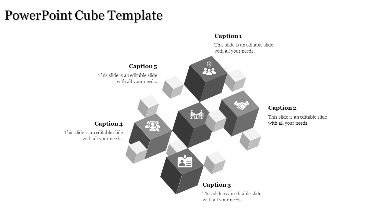 3D cube infographic with five labeled sections, including icons for teamwork, handshake, and user profiles.