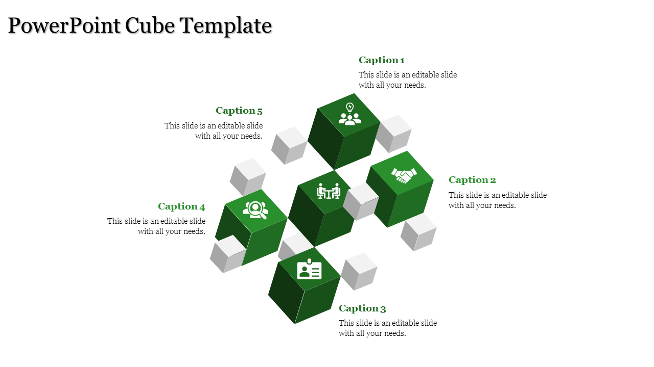A PowerPoint slide featuring green and gray cubes with captions, each representing different business concepts and icons.