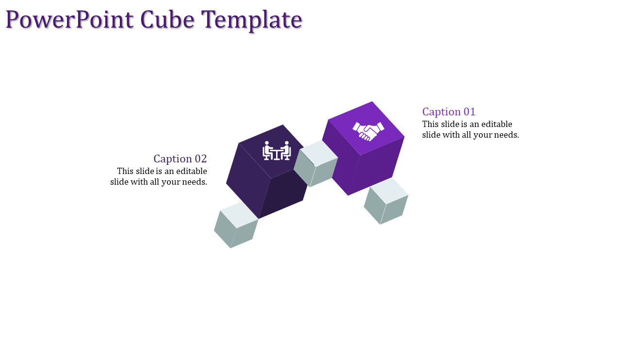Purple 3D cubes with icons, connected by smaller gray sections, with captions labeled on either side on a white background.