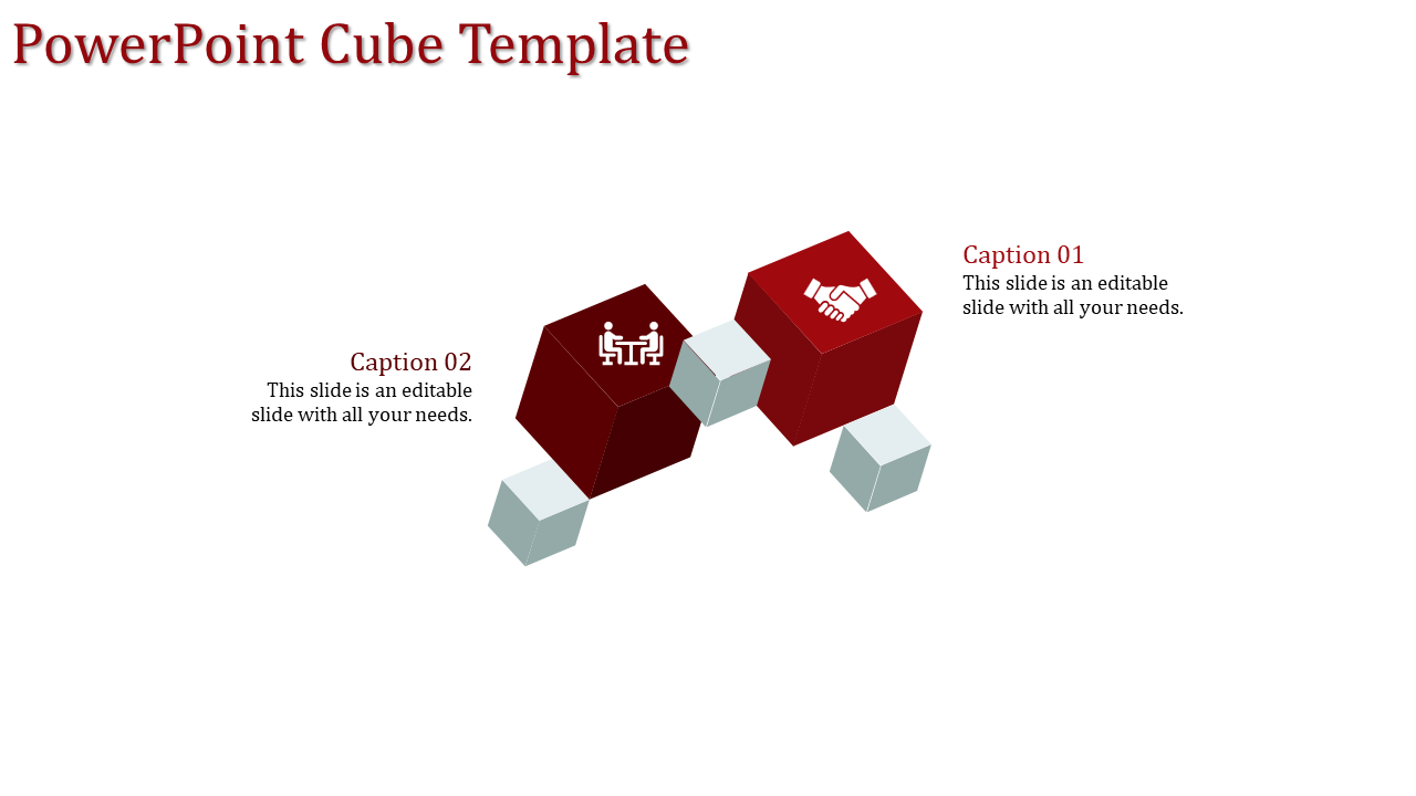PowerPoint slide with red cubes for business topics, including partnership and teamwork, with accompanying captions.