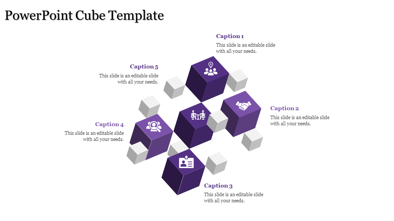 3D cube arrangement with purple and gray blocks showcasing business-related icons such as teamwork, handshake, and idea.