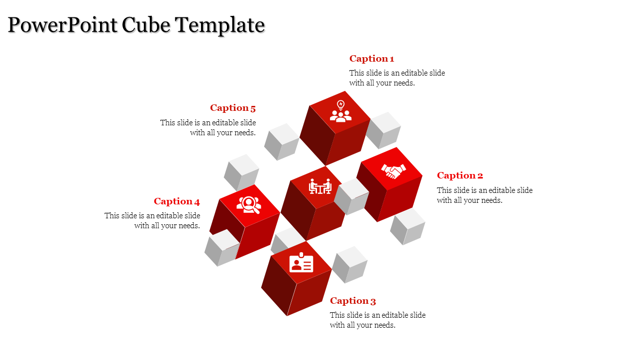 Five red cubes with white connectors forming a triangular shape, highlighted by simple icons on a white background.