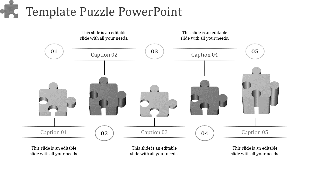 Gray themed puzzle piece infographic showcasing five sections with captions and numbering.