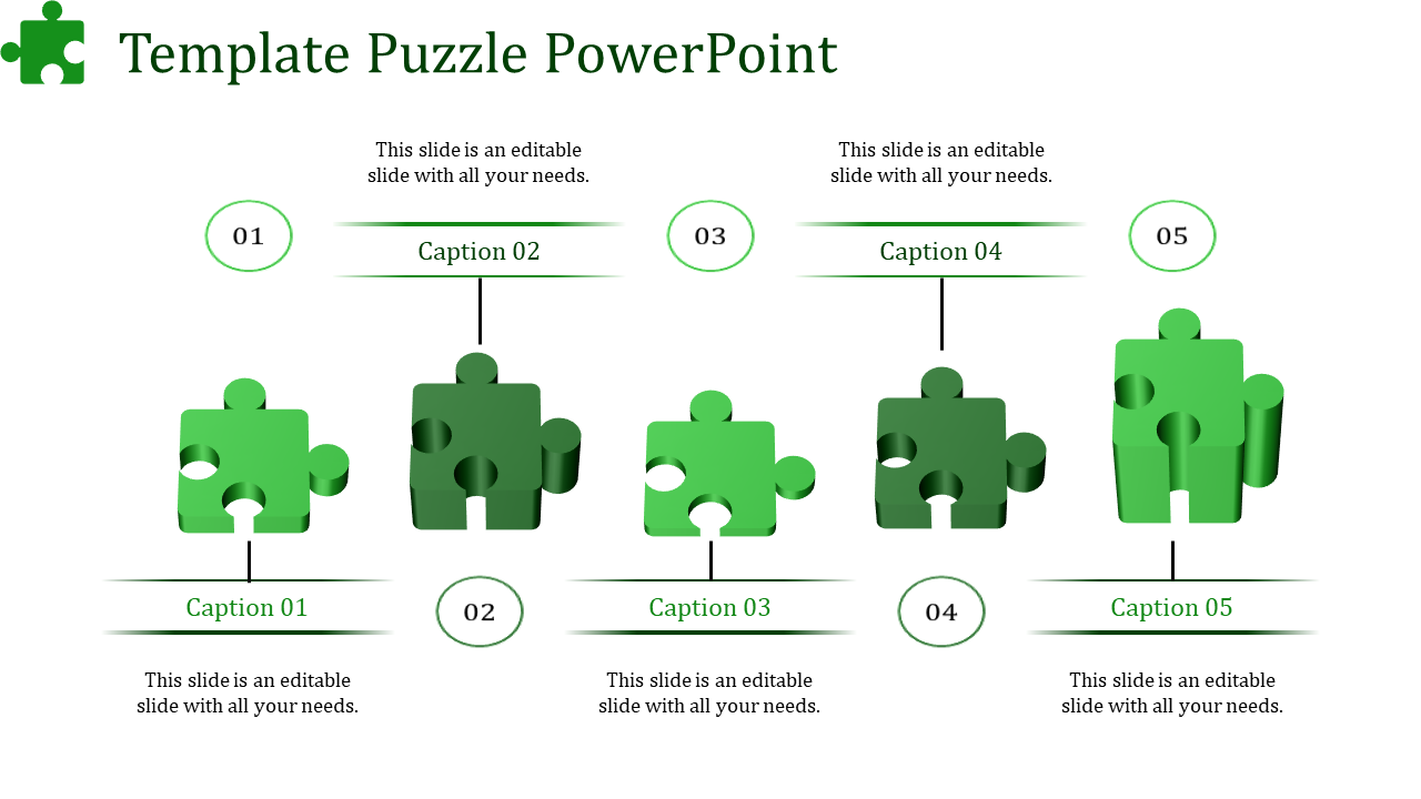 Infographic featuring five green puzzle pieces aligned horizontally, each annotated with captions and numbers.