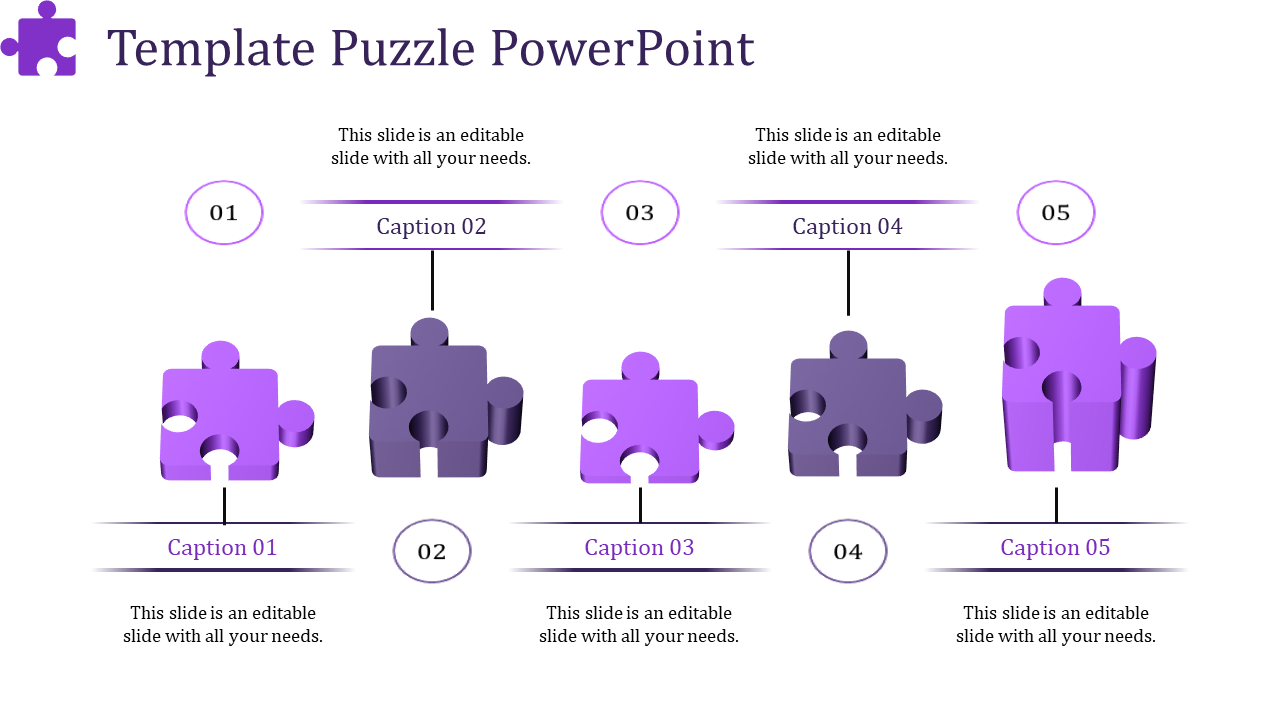 Purple puzzle pieces aligned horizontally, representing five connected steps with captions and labels.