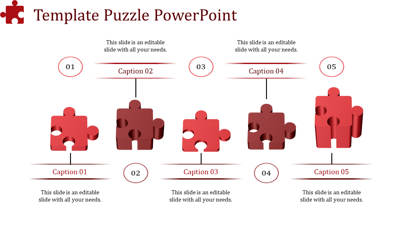 Red puzzle piece infographic slide with five sections labeled 01 to 05, featuring captions and placeholder text.