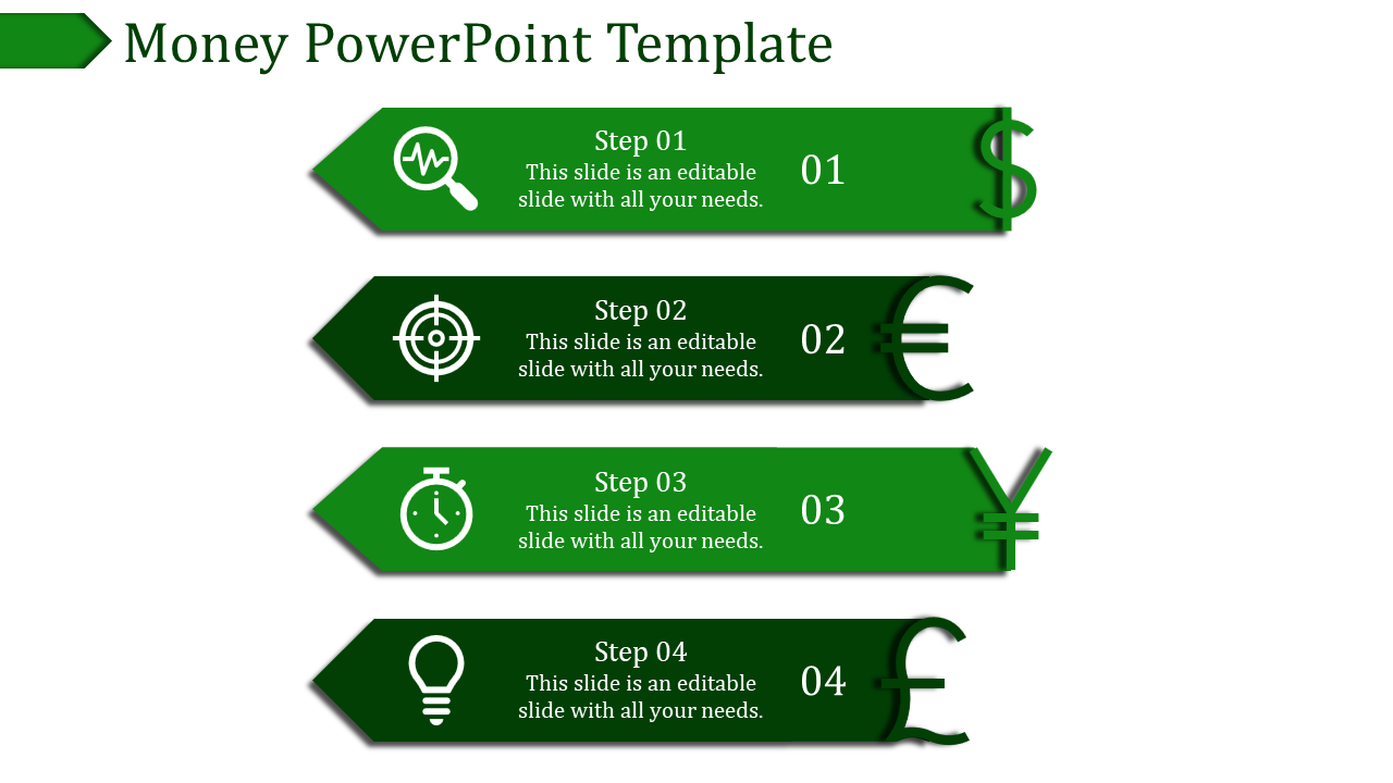 Green themed money PowerPoint template showing four steps with icons for analysis, target, timing, and ideas.