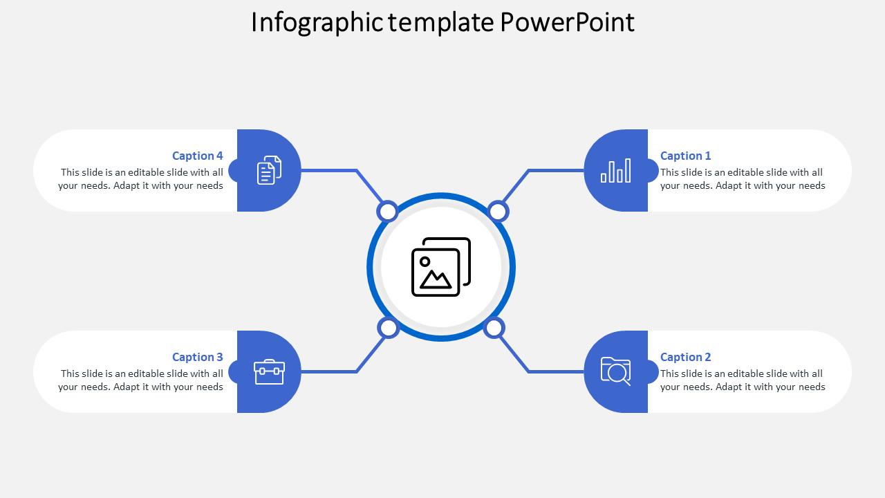 Infographic layout featuring a central icon and four horizontally aligned steps with blue circular accents.